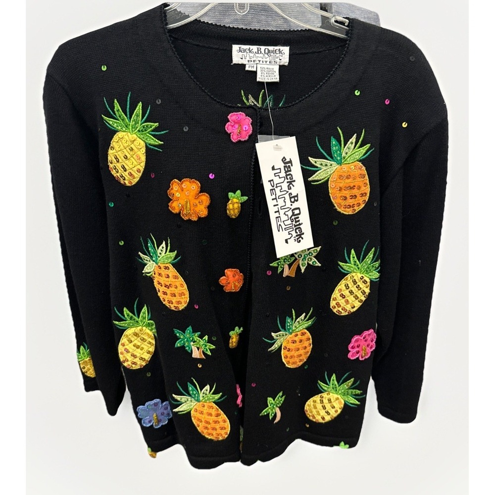 Jack B Quick Sweater Size PM Womens Black Pineapple Sequin‎ Cardigan NWT